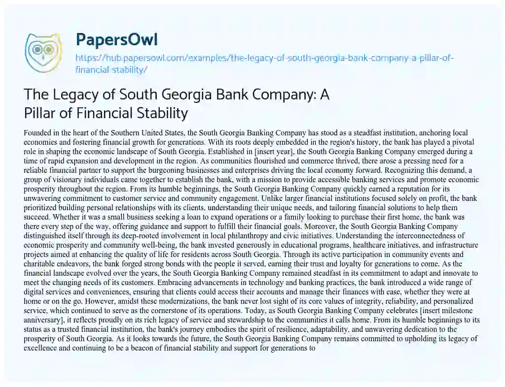 Essay on The Legacy of South Georgia Bank Company: A Pillar of Financial Stability