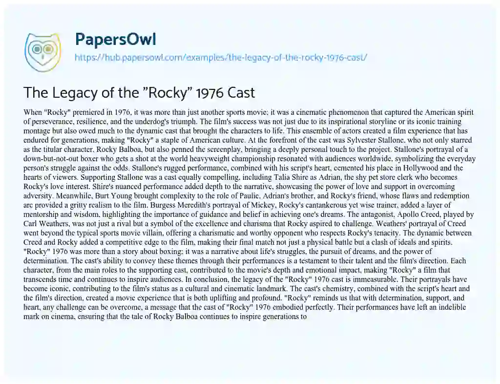 Essay on The Legacy of the “Rocky” 1976 Cast
