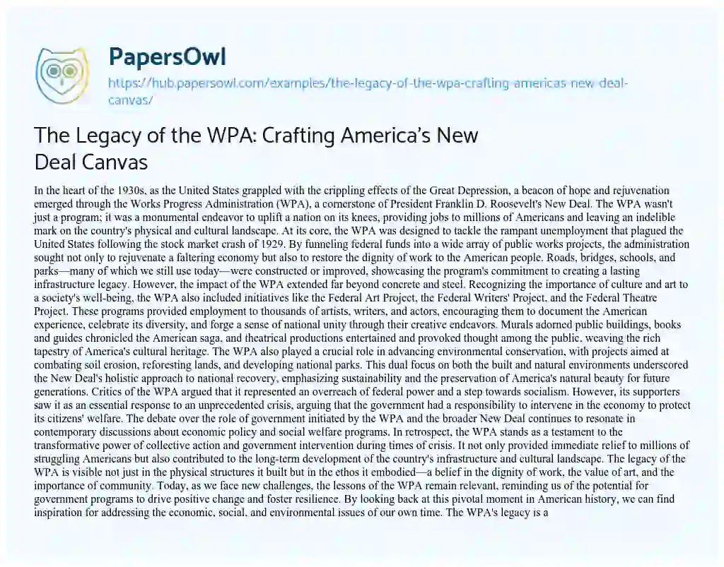 Essay on The Legacy of the WPA: Crafting America’s New Deal Canvas