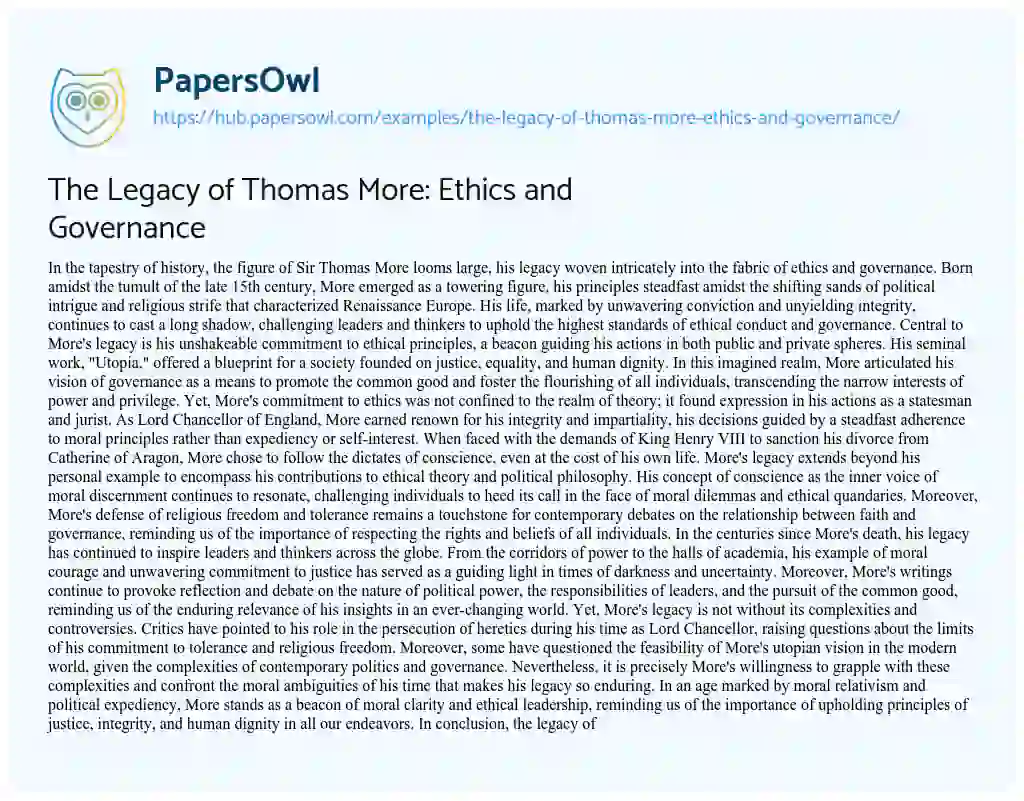 Essay on The Legacy of Thomas More: Ethics and Governance