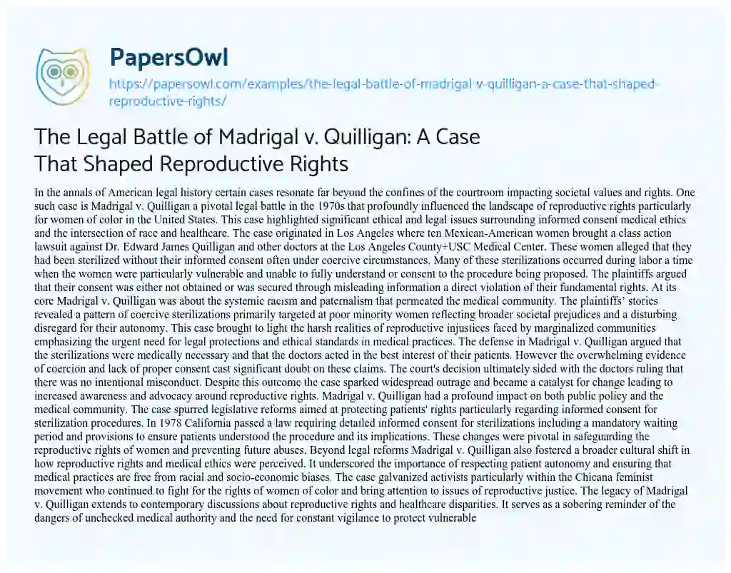 Essay on The Legal Battle of Madrigal v. Quilligan: A Case That Shaped Reproductive Rights
