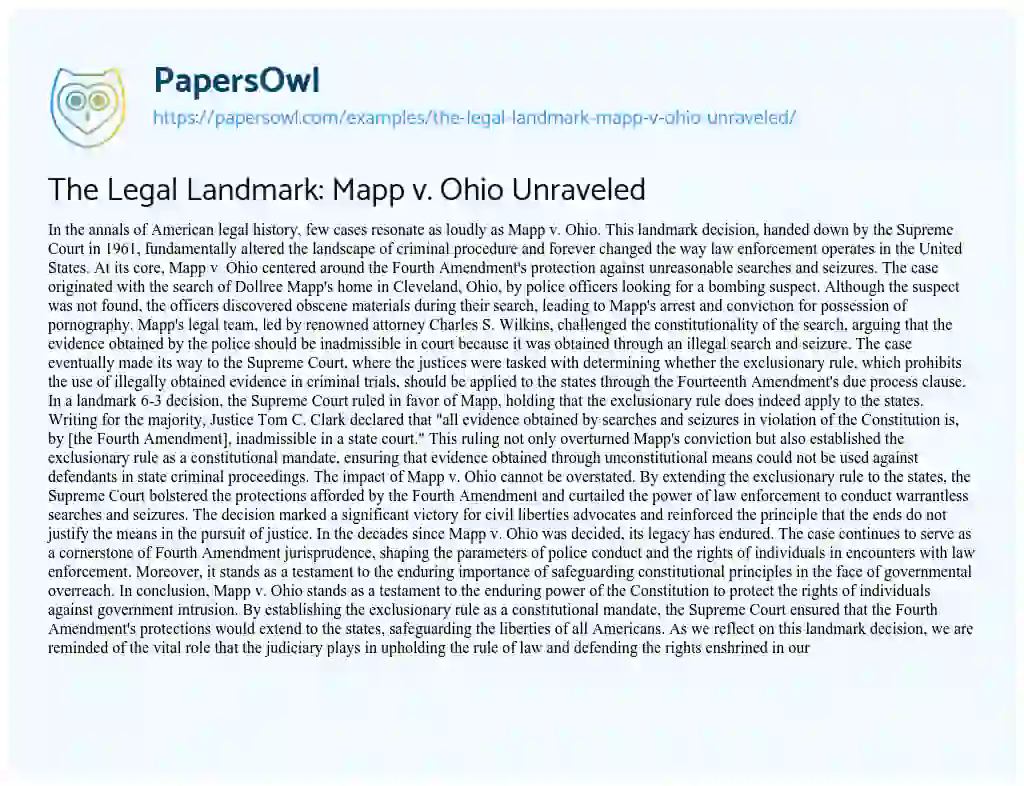Essay on The Legal Landmark: Mapp v. Ohio Unraveled