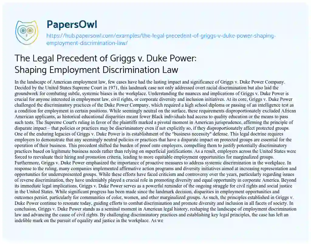 Essay on The Legal Precedent of Griggs v. Duke Power: Shaping Employment Discrimination Law