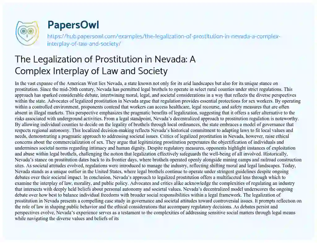 Essay on The Legalization of Prostitution in Nevada: A Complex Interplay of Law and Society