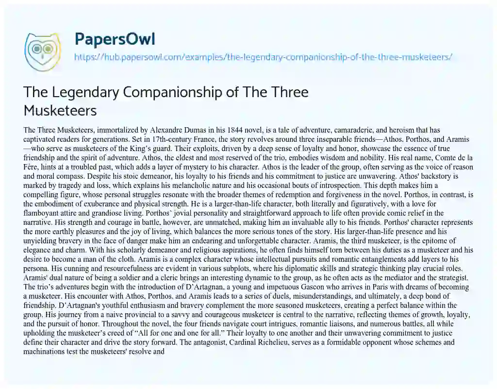 Essay on The Legendary Companionship of The Three Musketeers