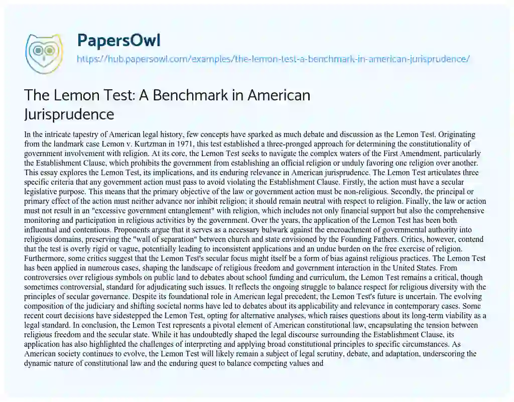 Essay on The Lemon Test: A Benchmark in American Jurisprudence