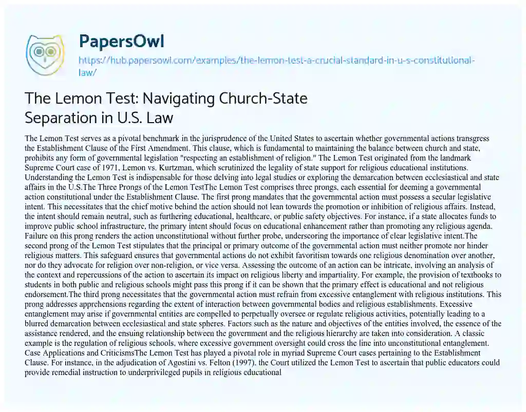 Essay on The Lemon Test: Navigating Church-State Separation in U.S. Law