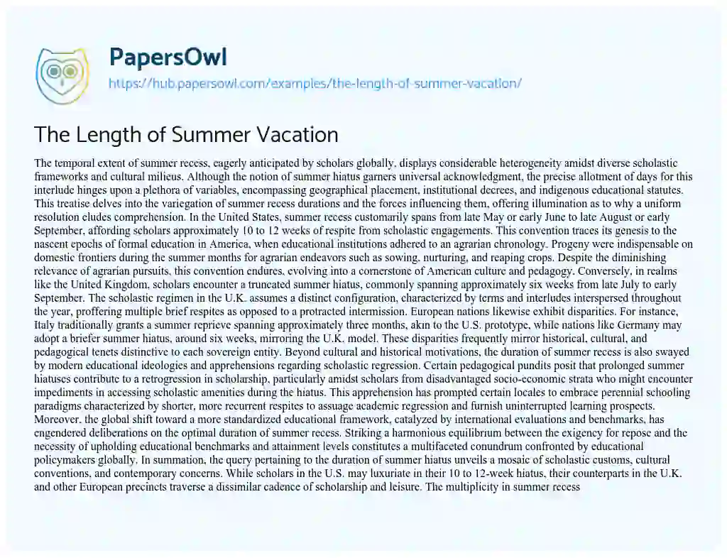 Essay on The Length of Summer Vacation