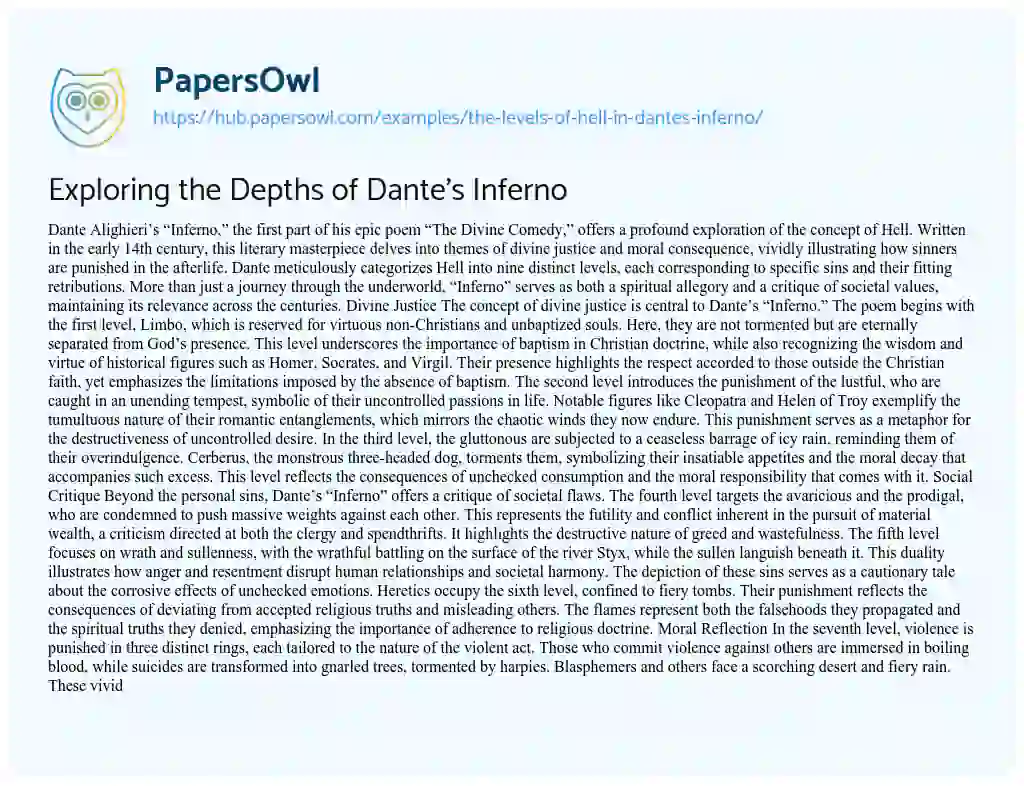 Essay on Exploring the Depths of Dante’s Inferno