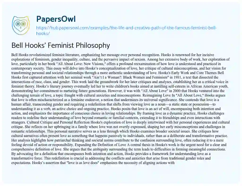 Essay on Bell Hooks’ Feminist Philosophy
