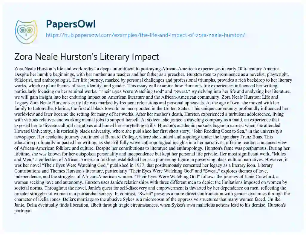 Essay on Zora Neale Hurston’s Literary Impact