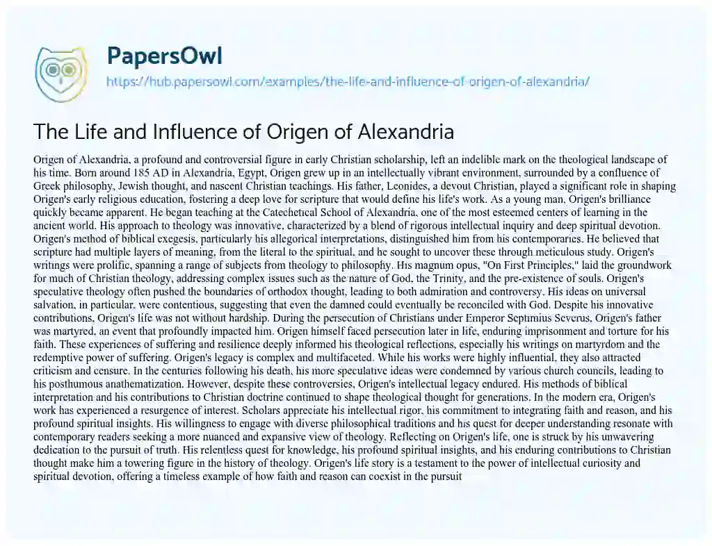 Essay on The Life and Influence of Origen of Alexandria