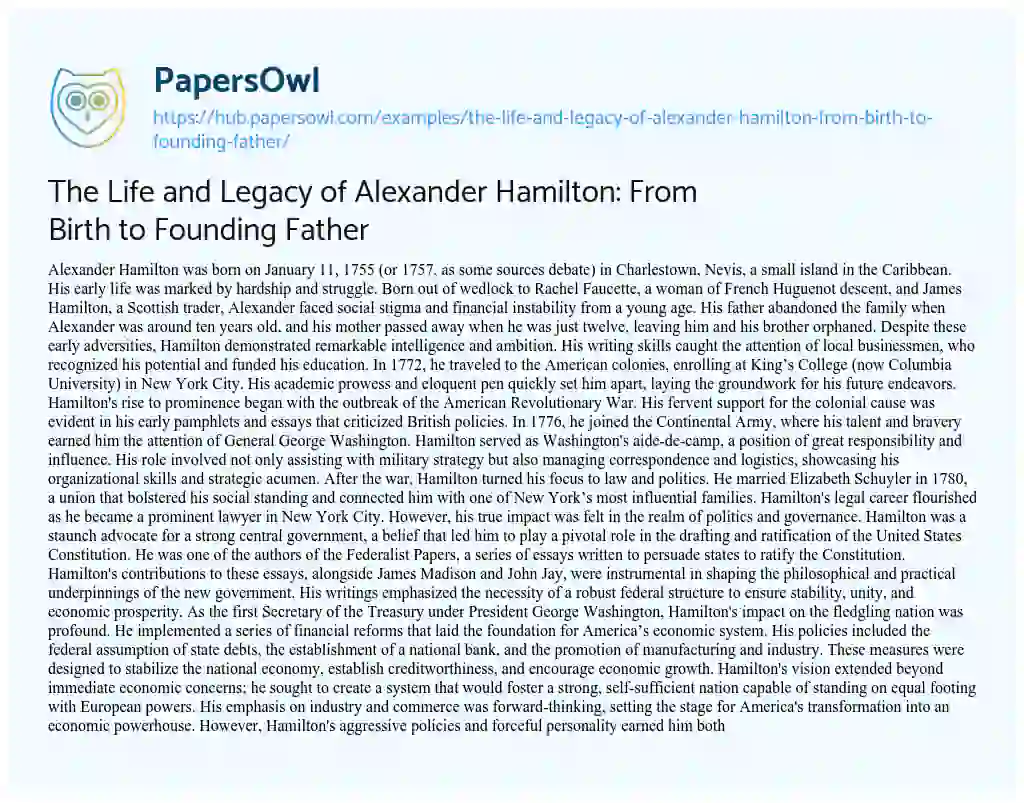 Essay on The Life and Legacy of Alexander Hamilton: From Birth to Founding Father