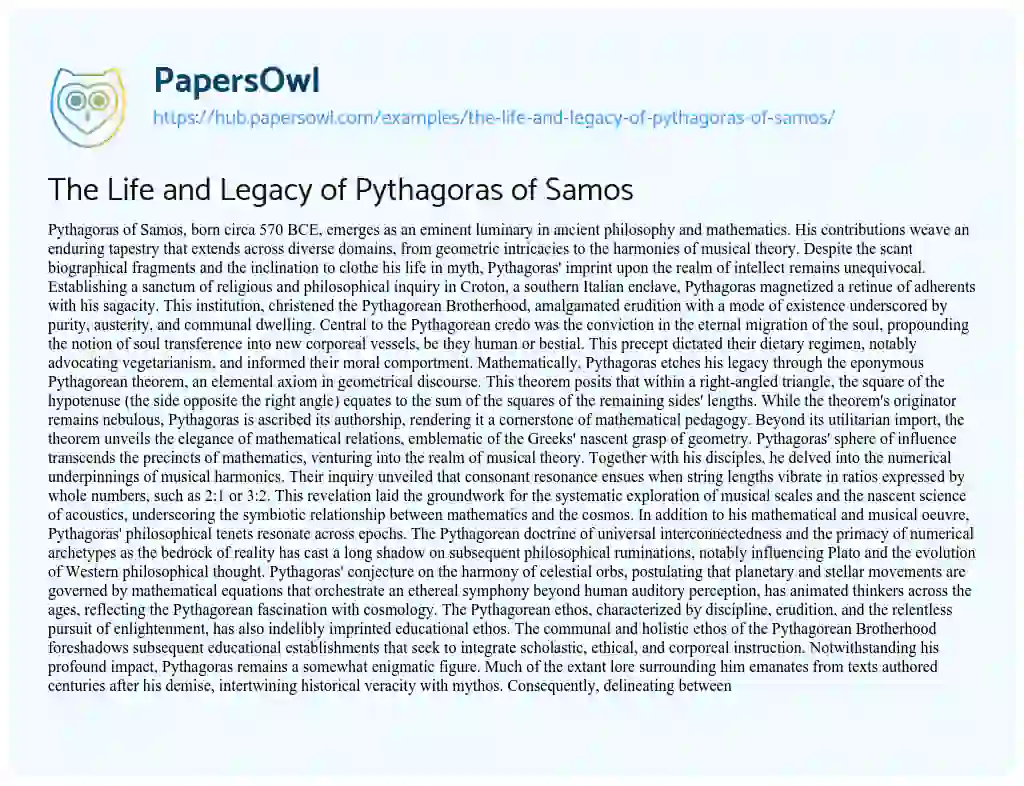 Essay on The Life and Legacy of Pythagoras of Samos
