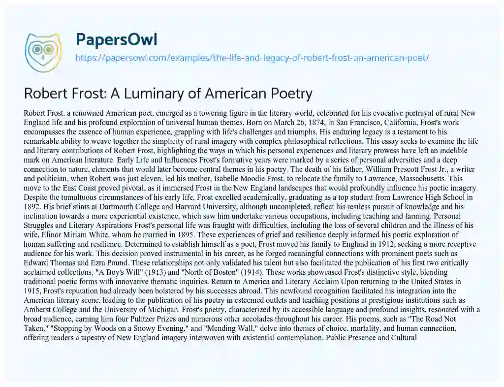 Essay on Robert Frost: A Luminary of American Poetry