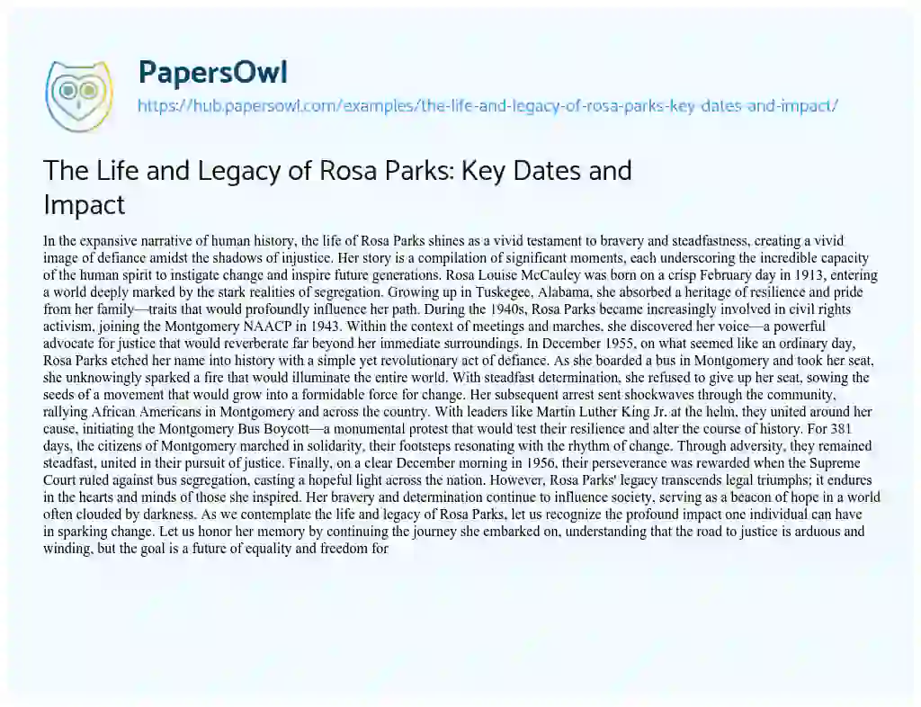 Essay on The Life and Legacy of Rosa Parks: Key Dates and Impact