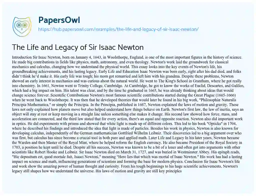 Essay on The Life and Legacy of Sir Isaac Newton