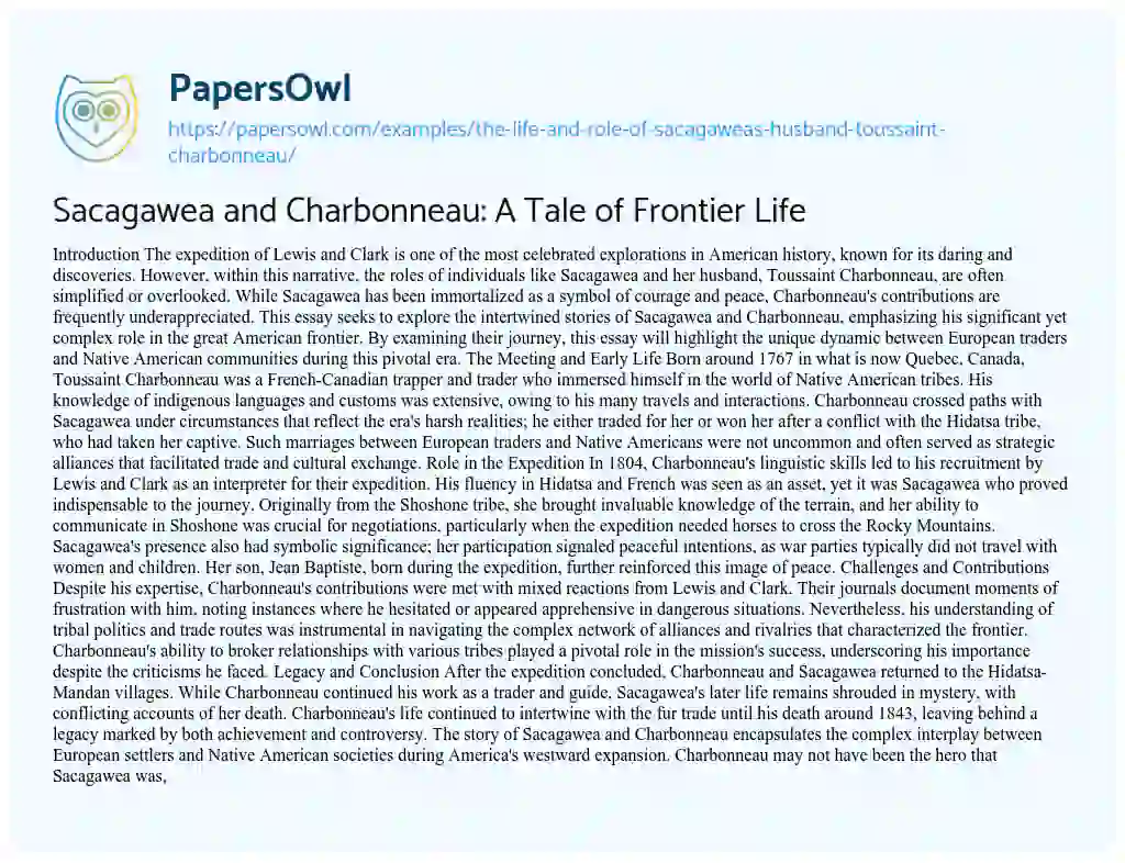 Essay on Sacagawea and Charbonneau: A Tale of Frontier Life