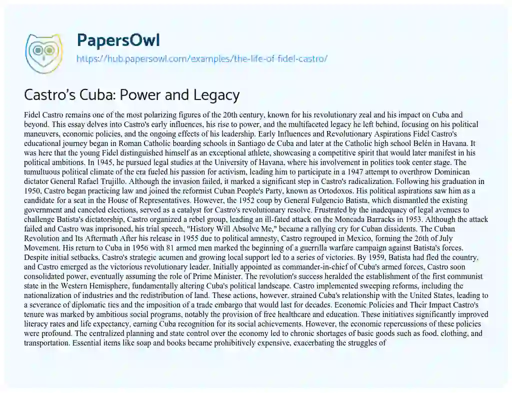 Essay on Castro’s Cuba: Power and Legacy