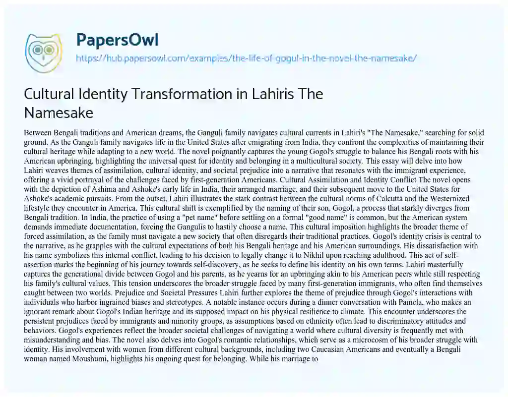 Essay on Cultural Identity Transformation in Lahiris The Namesake