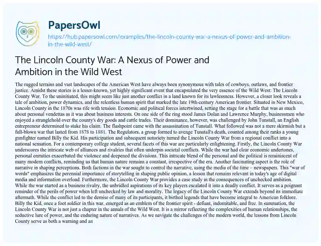 Essay on The Lincoln County War: A Nexus of Power and Ambition in the Wild West