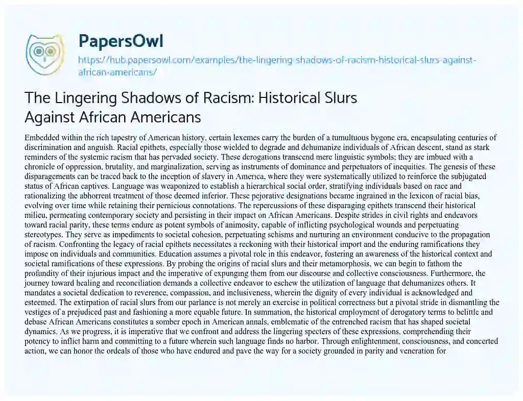 Essay on The Lingering Shadows of Racism: Historical Slurs Against African Americans