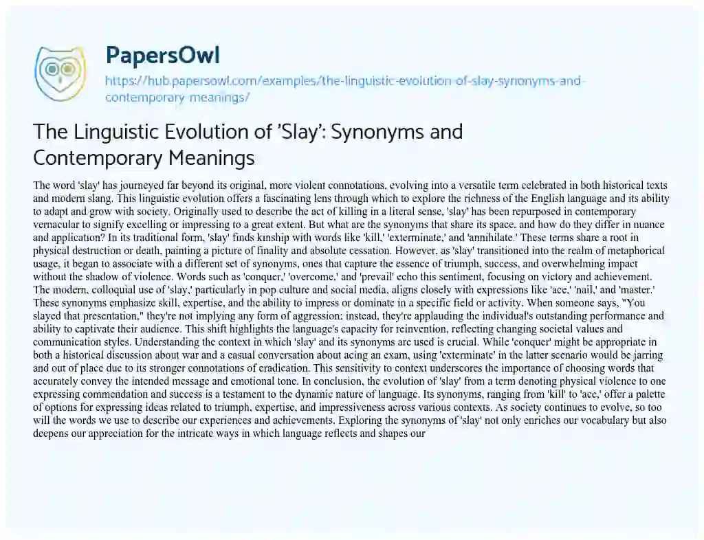 Essay on The Linguistic Evolution of ‘Slay’: Synonyms and Contemporary Meanings