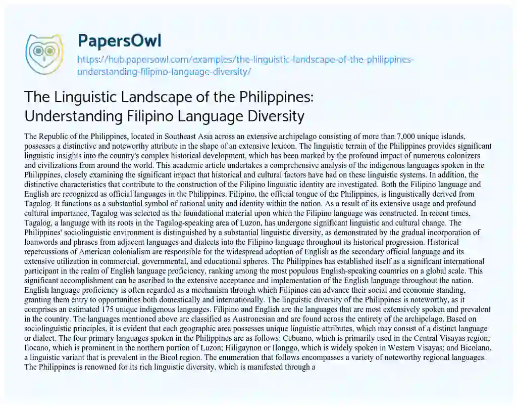 Essay on The Linguistic Landscape of the Philippines: Understanding Filipino Language Diversity