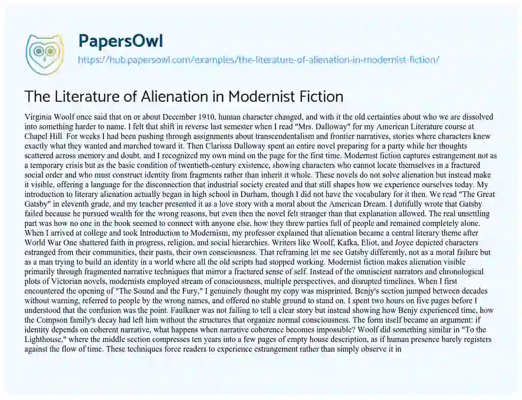 Essay on The Literature of Alienation in Modernist Fiction