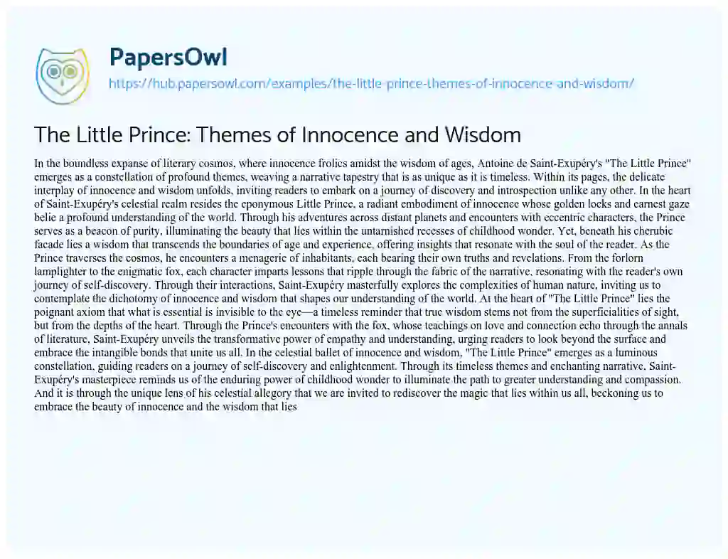 Essay on The Little Prince: Themes of Innocence and Wisdom