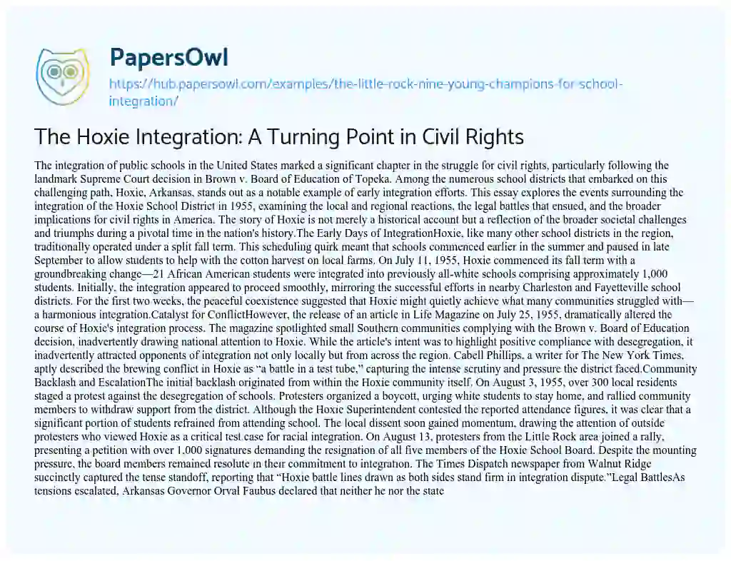 Essay on The Hoxie Integration: A Turning Point in Civil Rights