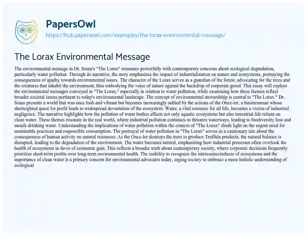 Essay on The Lorax Environmental Message