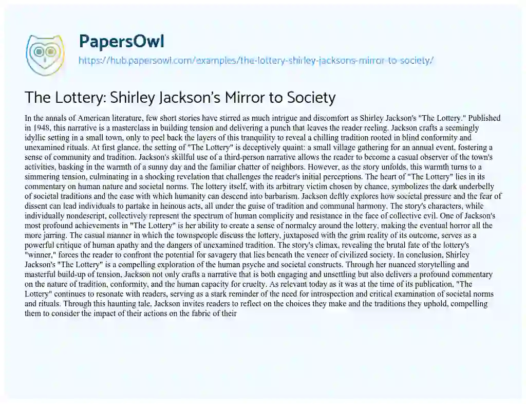 Essay on The Lottery: Shirley Jackson’s Mirror to Society