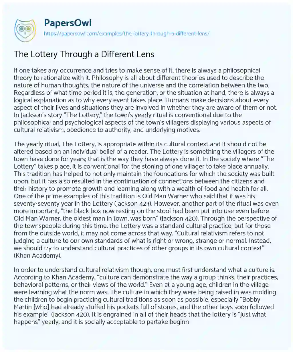 Essay on The Lottery Through a Different Lens