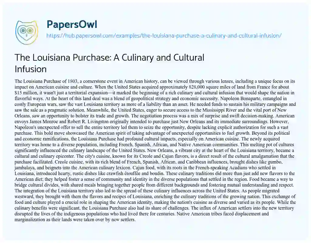 Essay on The Louisiana Purchase: A Culinary and Cultural Infusion