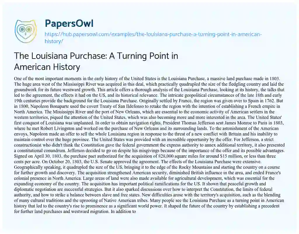 Essay on The Louisiana Purchase: A Turning Point in American History