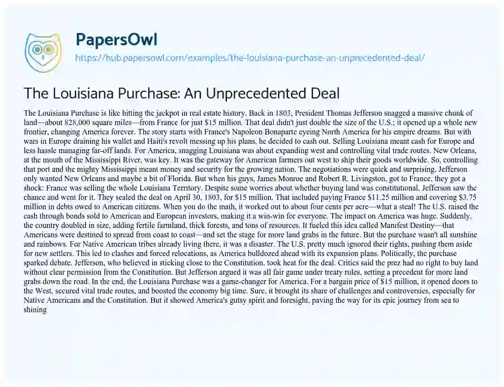 Essay on The Louisiana Purchase: An Unprecedented Deal