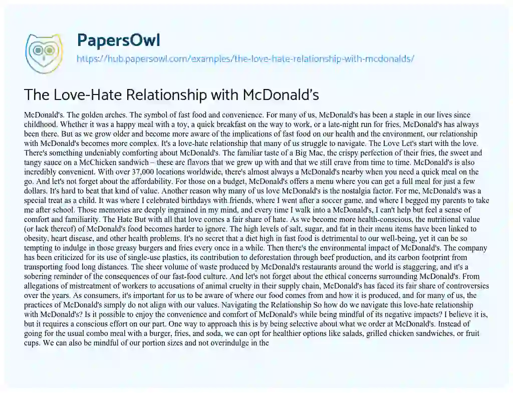 Essay on The Love-Hate Relationship with McDonald’s