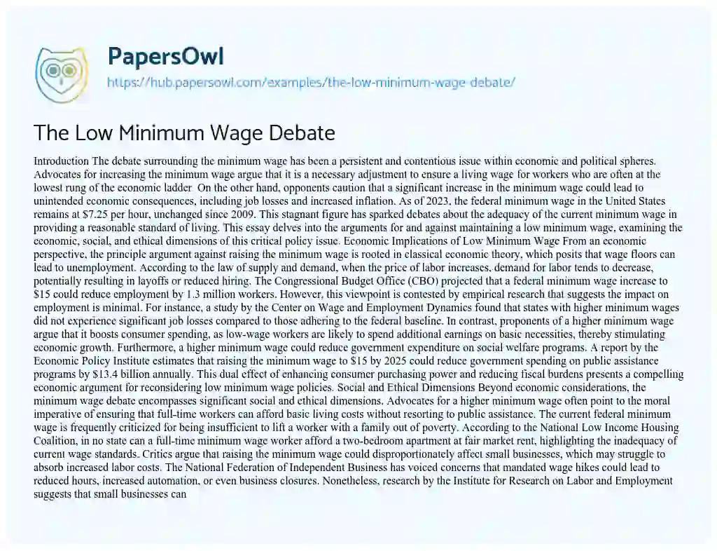 Essay on The Low Minimum Wage Debate