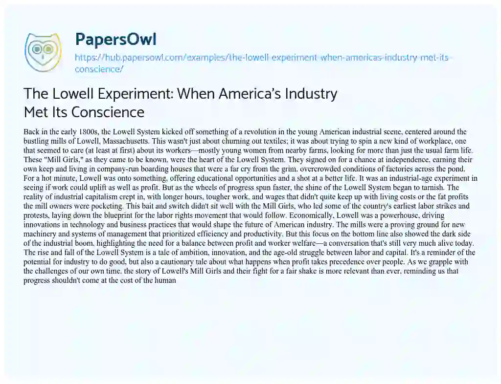 Essay on The Lowell Experiment: When America’s Industry Met Its Conscience