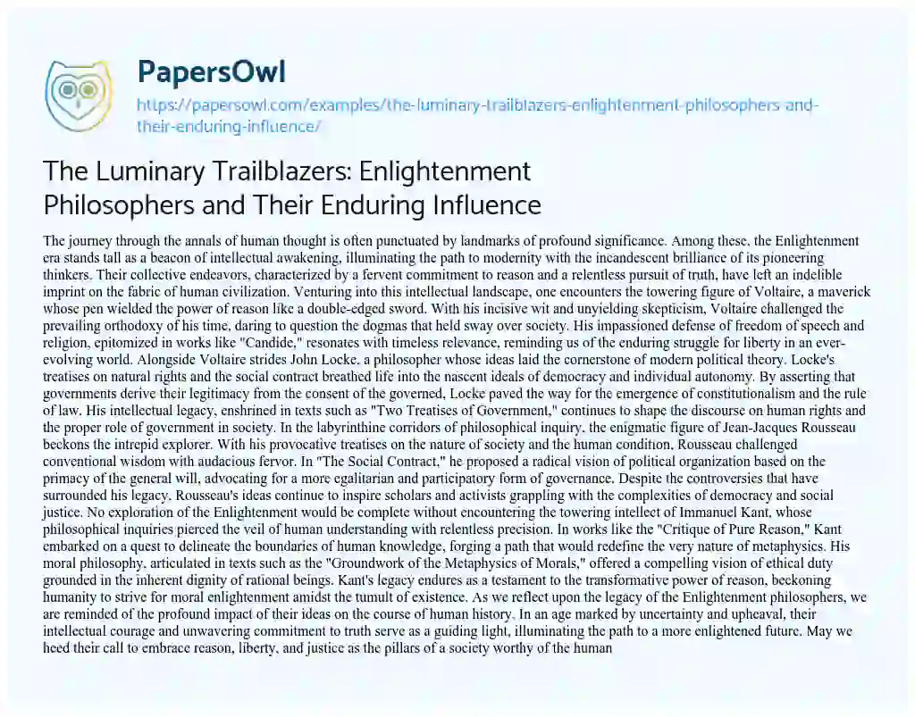 Essay on The Luminary Trailblazers: Enlightenment Philosophers and Their Enduring Influence