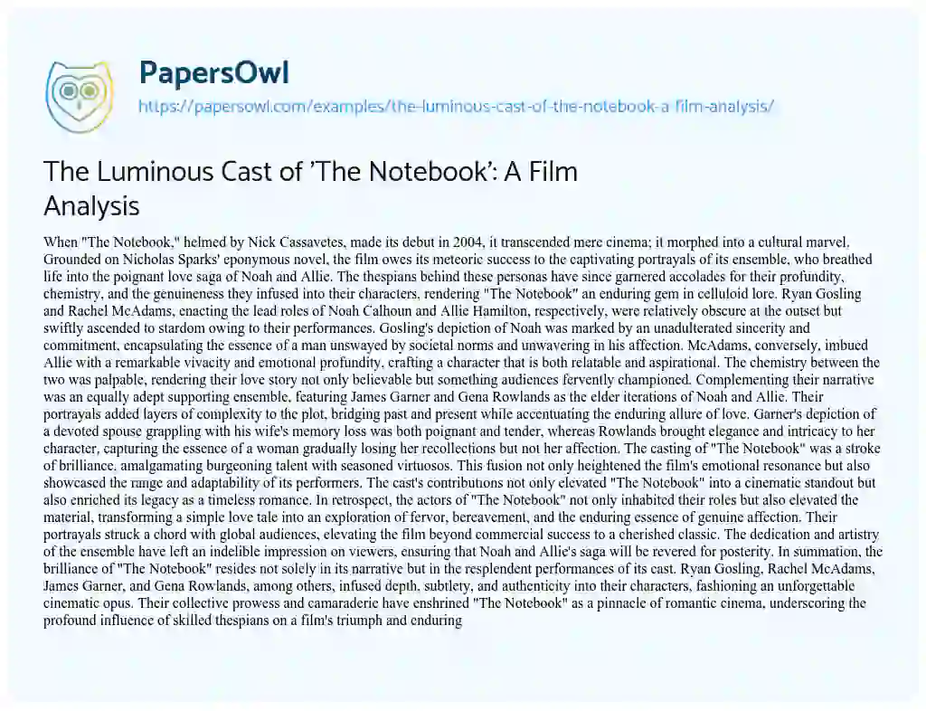Essay on The Luminous Cast of ‘The Notebook’: A Film Analysis