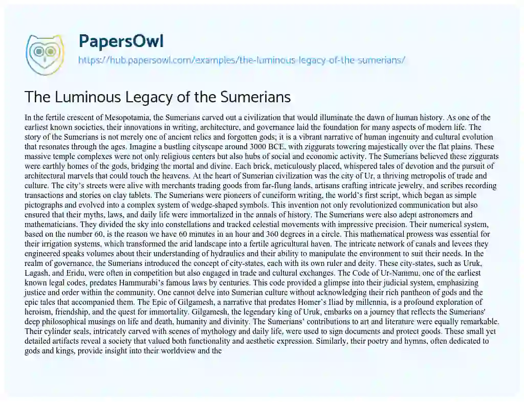 Essay on The Luminous Legacy of the Sumerians