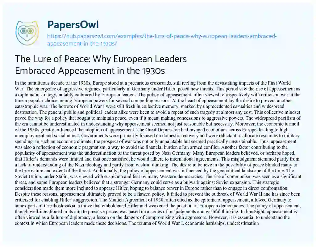 Essay on The Lure of Peace: Why European Leaders Embraced Appeasement in the 1930s