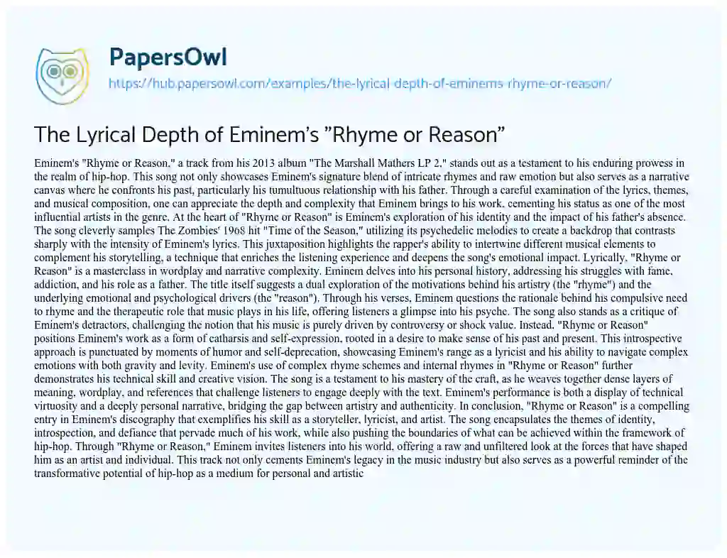 Essay on The Lyrical Depth of Eminem’s “Rhyme or Reason”