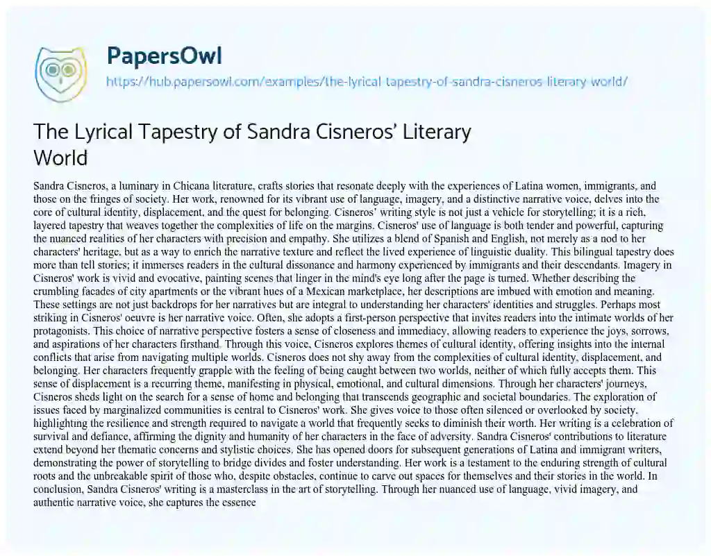 Essay on The Lyrical Tapestry of Sandra Cisneros’ Literary World