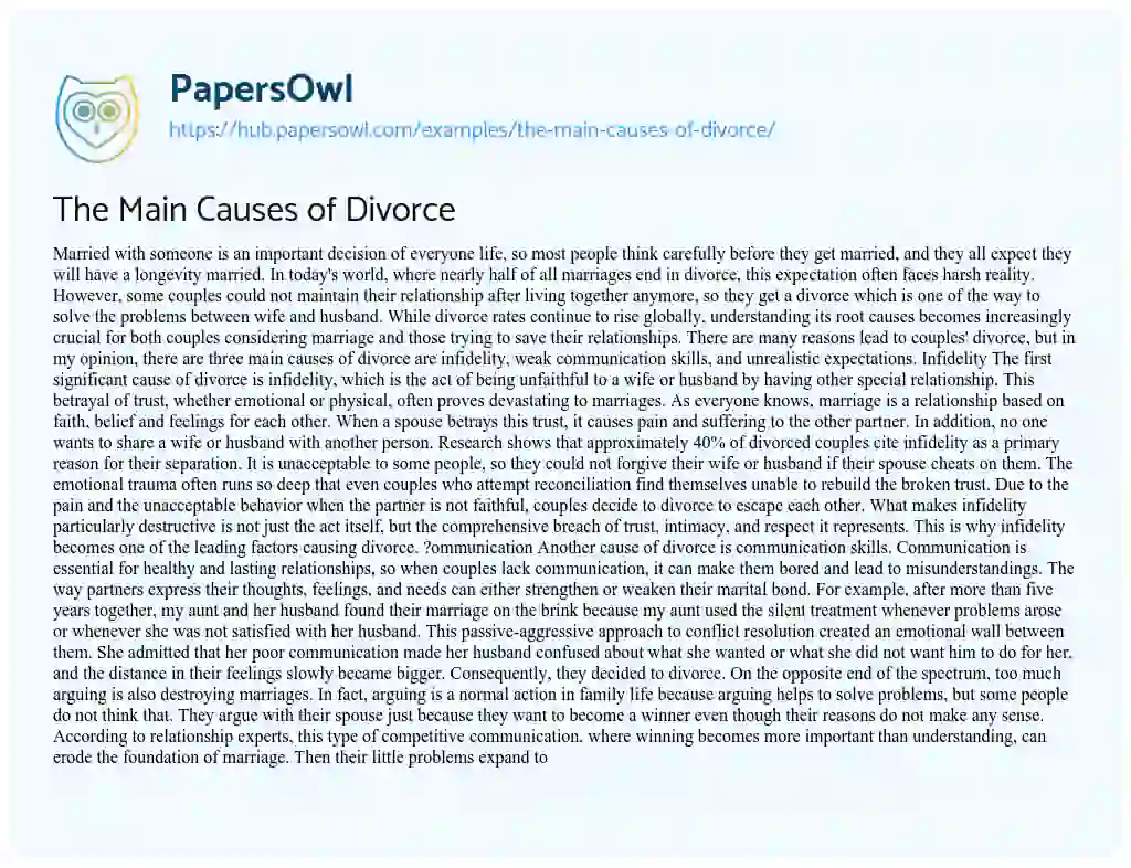 Essay on The Main Causes of Divorce