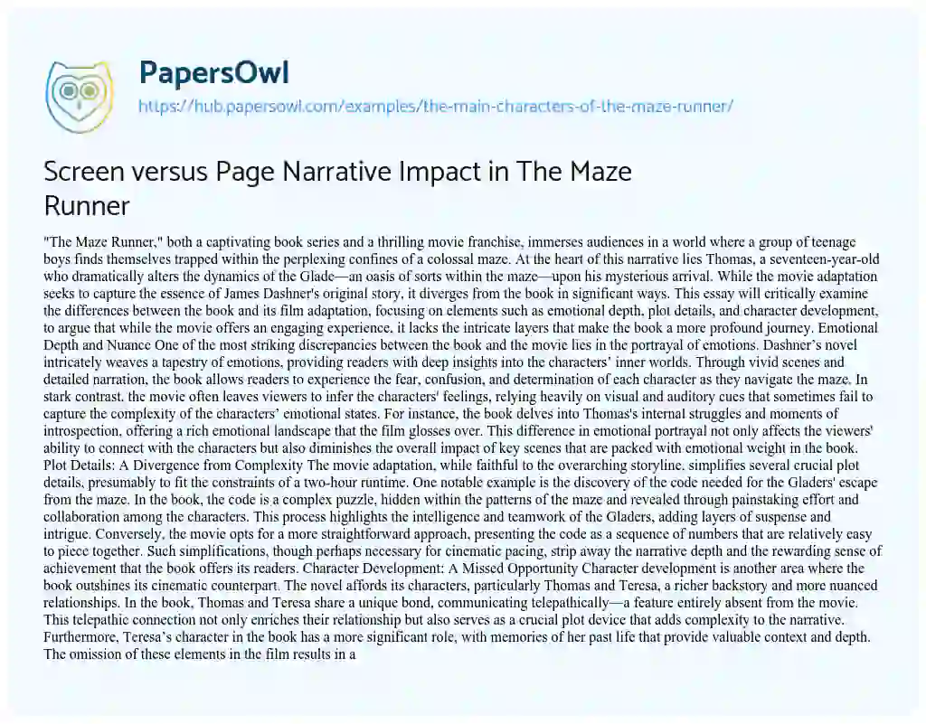 Essay on Screen versus Page Narrative Impact in The Maze Runner
