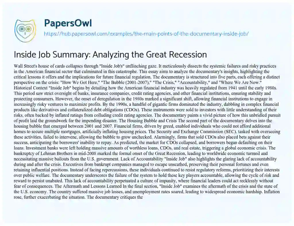 Essay on Inside Job Summary: Analyzing the Great Recession