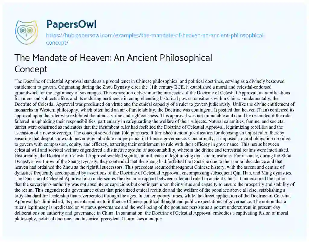 Essay on The Mandate of Heaven: An Ancient Philosophical Concept